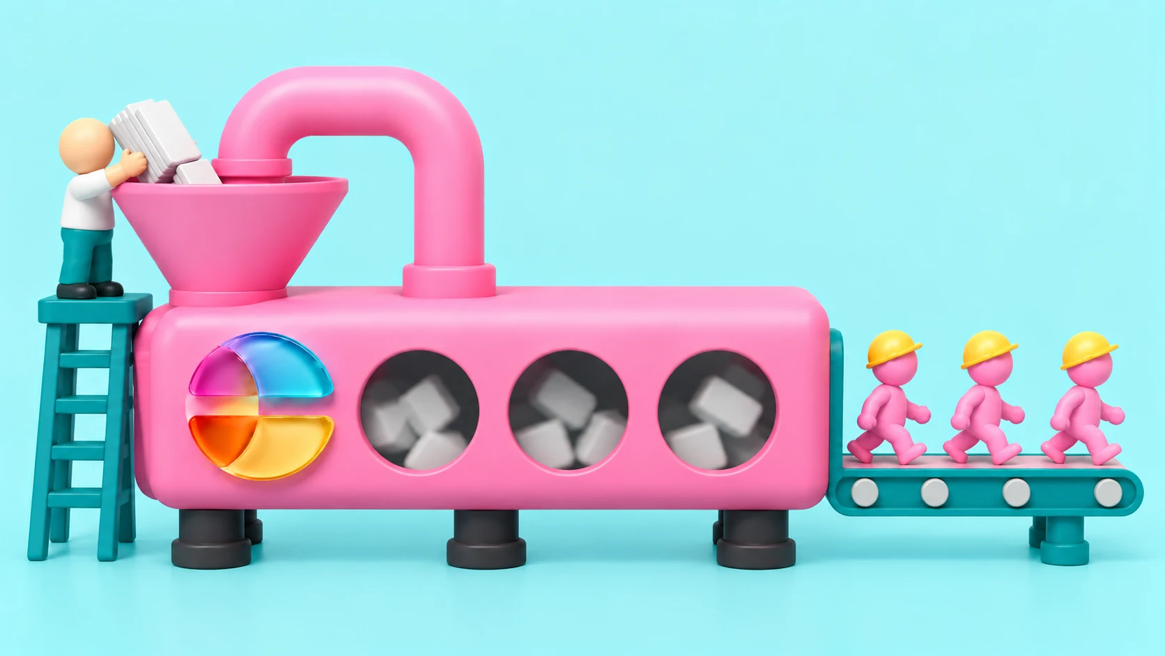 A pastel factory: someone tips an armful of playbook tiles into the hopper, and finished workers ride out along the conveyor.
