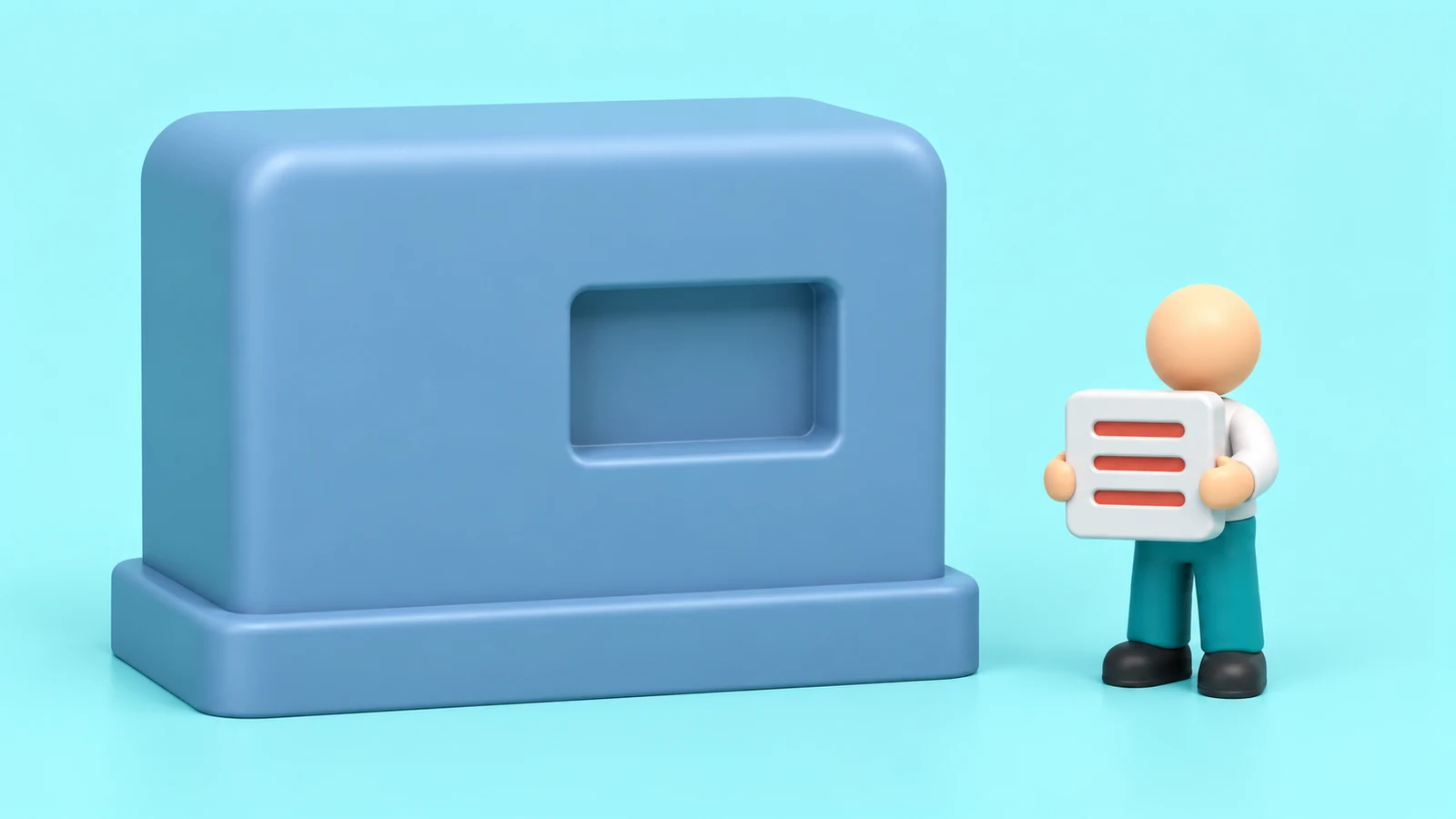 A large plain blue block with one empty tile-shaped socket in its face, and beside it a figure holding up the tile that fits.