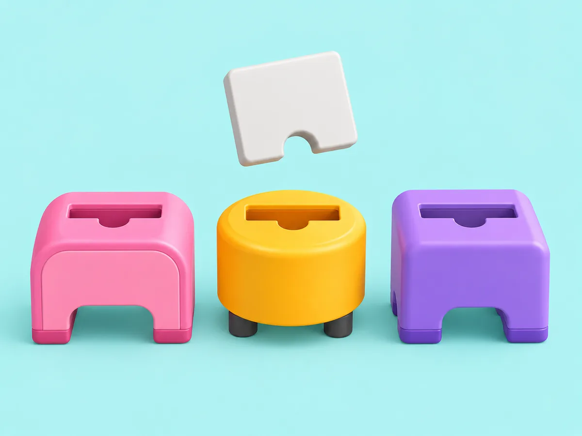 One notched grey tile hovering above three machines of different shapes, each with a slot cut to exactly that notch.