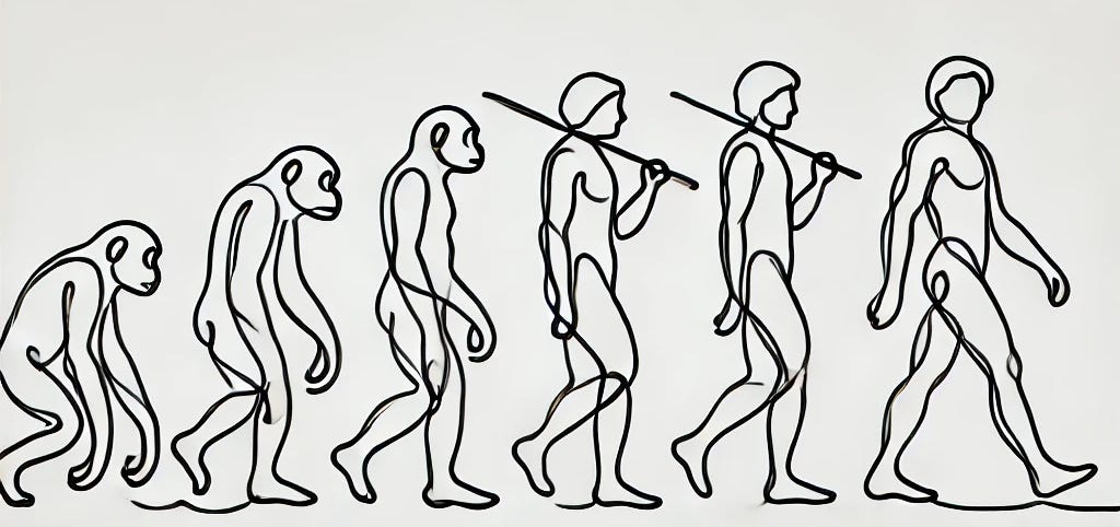 A single continuous line drawing of six figures walking left to right, from a crouched ape to an upright human, two of them carrying a spear.