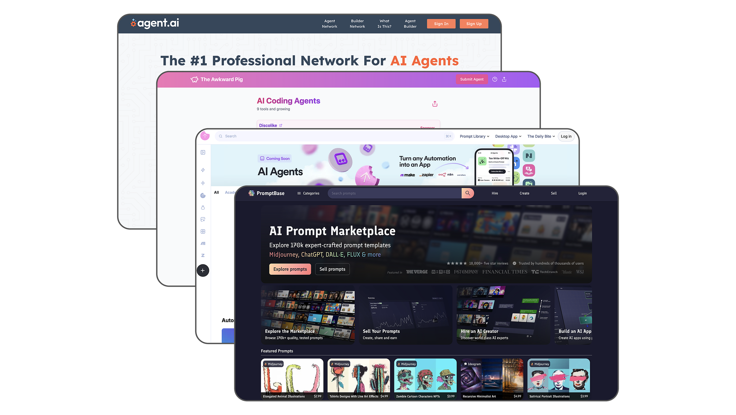 Four overlapping screenshots of agent and prompt marketplaces: a professional network for AI agents, a directory of AI coding agents, an AI agents automation page, and an AI prompt marketplace.