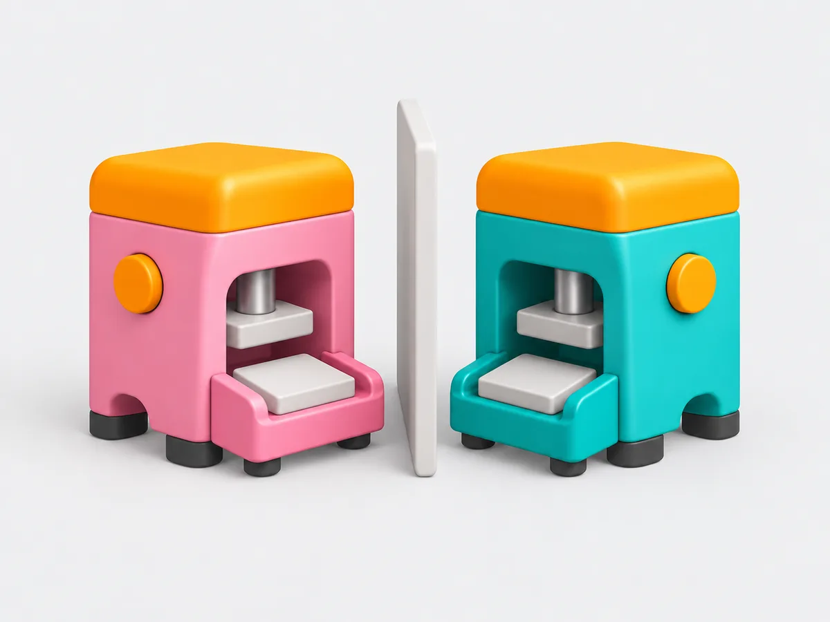 A pink machine and a teal machine with the same silhouette, face to face across a thin grey slab, as if one were the other's reflection.