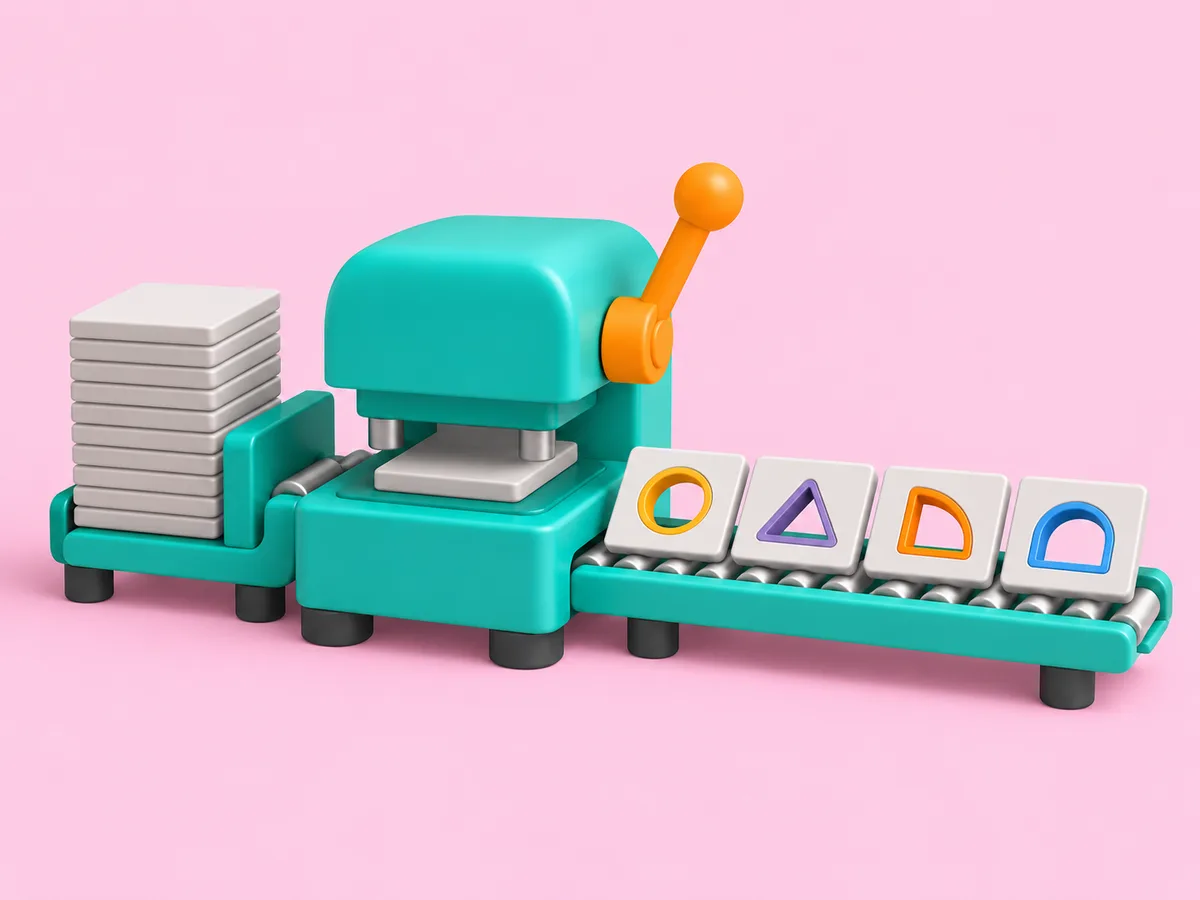 A teal press with a stack of identical grey tiles waiting at its intake, and four finished tiles riding out, each with a different coloured shape cut cleanly through it.