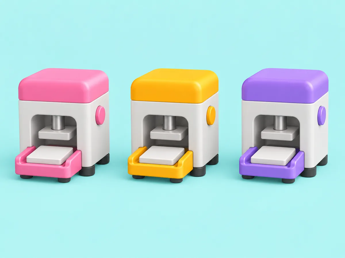 Three compact grey machines in a row, each with its own coloured roof cap and its own in-tray, and no pipes between them.