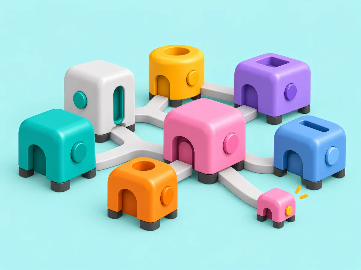 A loose cluster of small machines of different sizes and colours on open ground, short paths between neighbours, and one tiny new machine budding at the edge.
