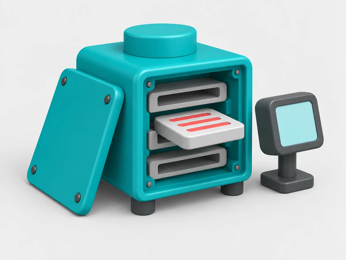 A machine with its side panel removed, a playbook tile half inserted in the open bay, a small terminal block beside it.