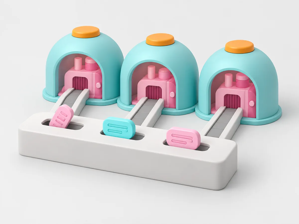 Three sealed domes, each with a small pink machine inside, fed by chutes from a reception counter where message pills wait.