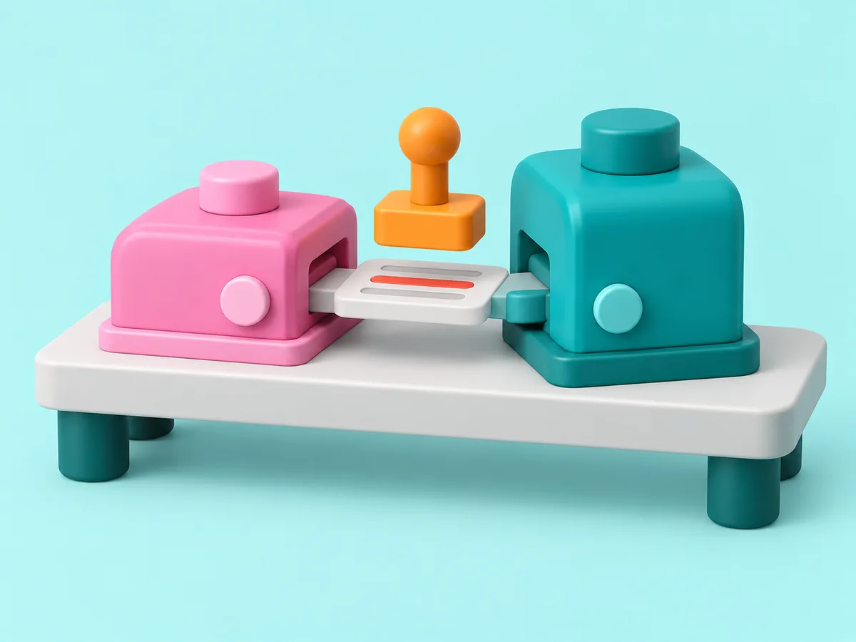 Two machines on one workbench passing a tile between them, an orange stamp hovering above it.