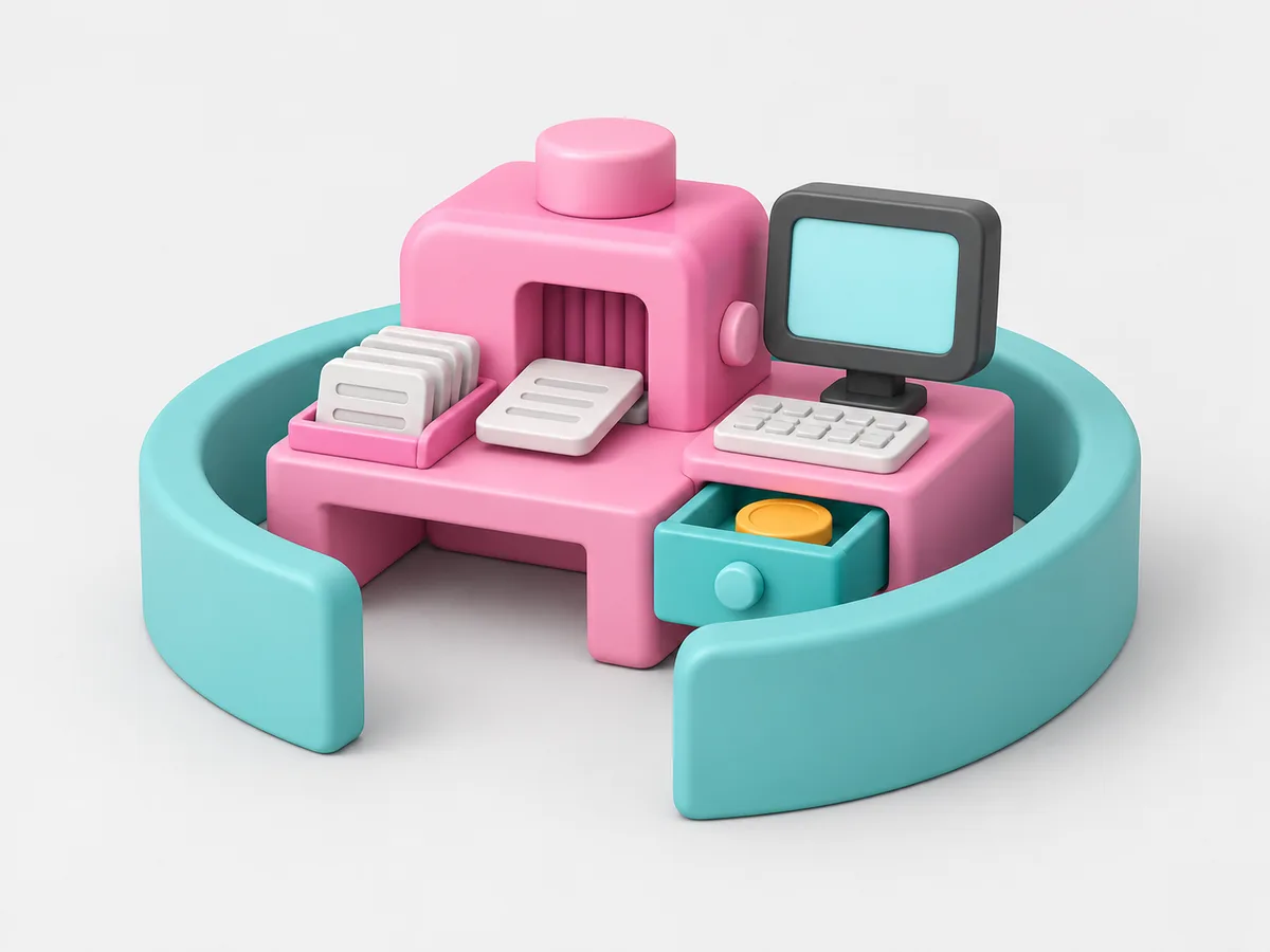 A small machine at its own miniature desk with a monitor, keyboard, out-tray and an open drawer, inside a low wall ring.
