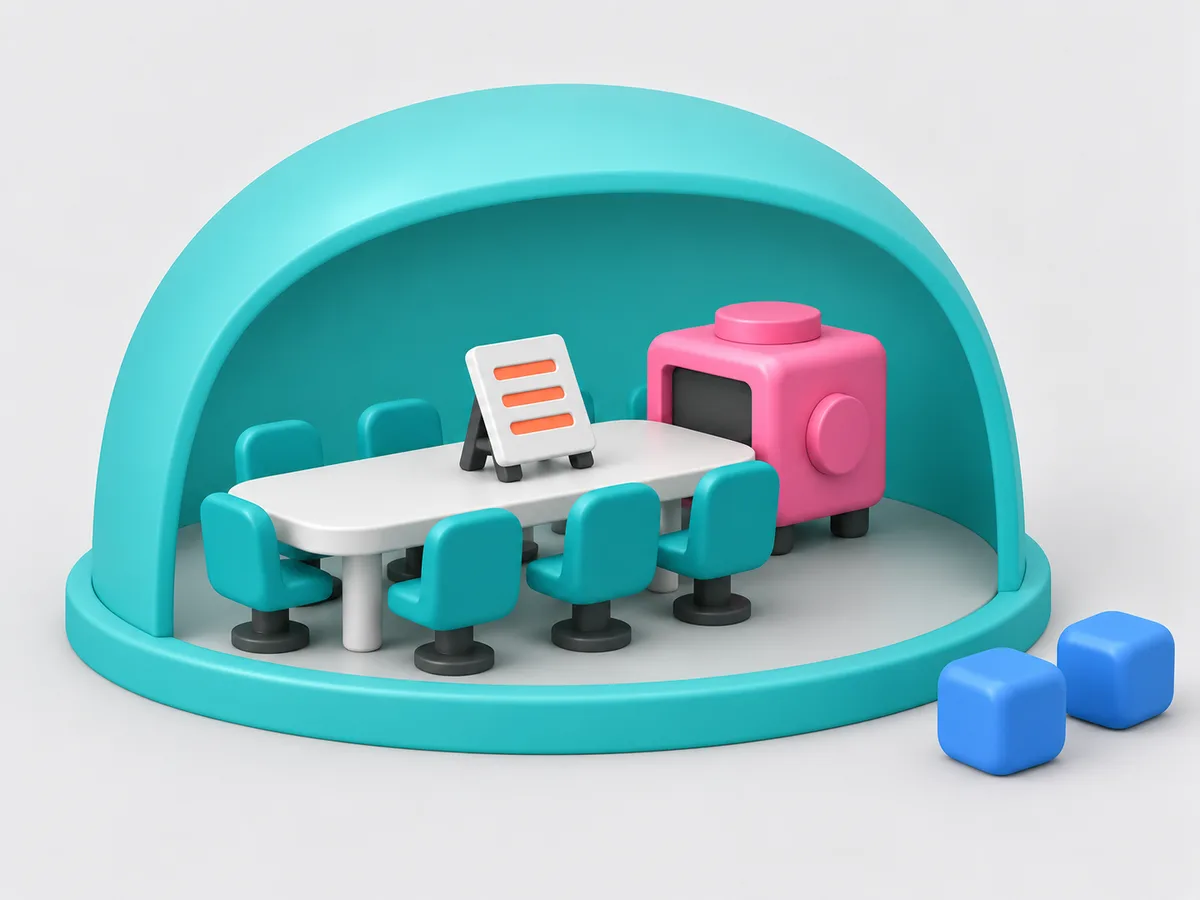A meeting table under an opaque dome, a document tile on an easel, a machine at the table's end, two blocks outside the rim.