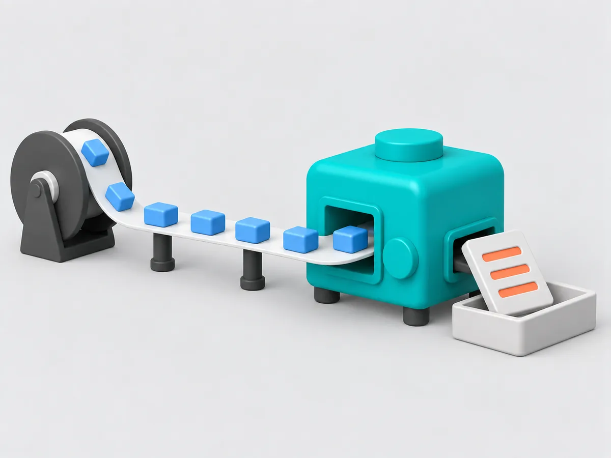 A ticker tape of small blocks running from a reel into a machine, one summary tile coming out the other side.