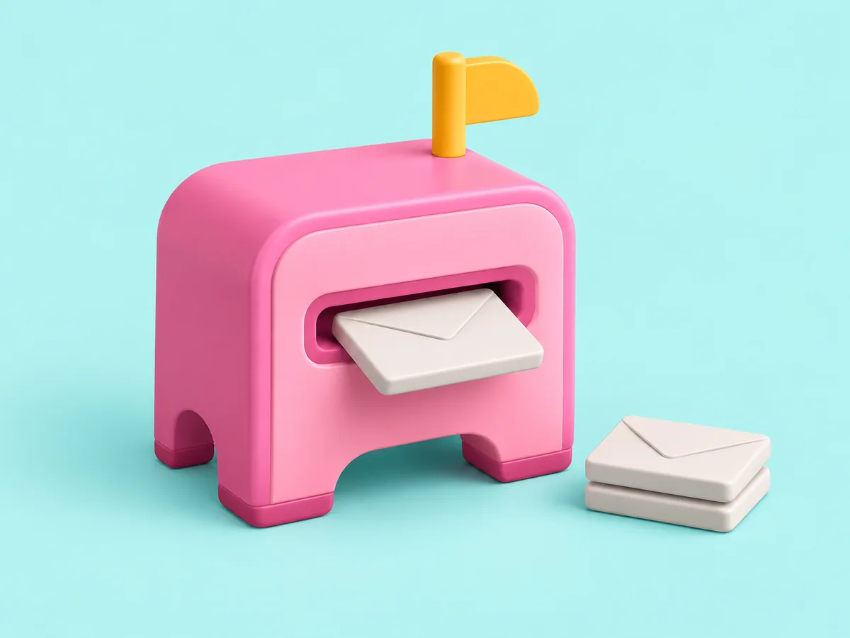 A compact machine with a letter slot in its front, an envelope tile half inside it, and a small raised flag on its roof.