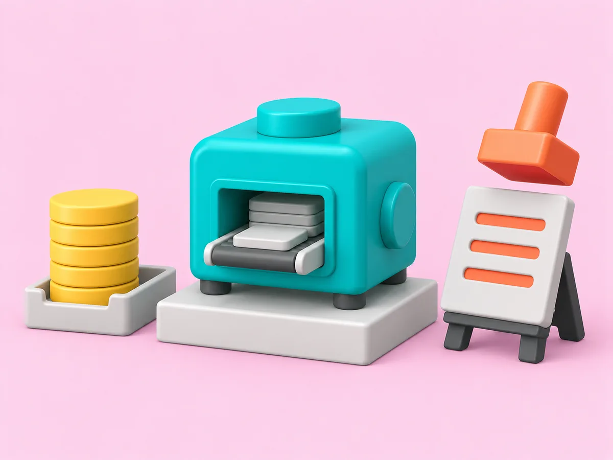 A machine on a plinth between a stack of coins and a ledger tile on an easel, a stamp about to land.