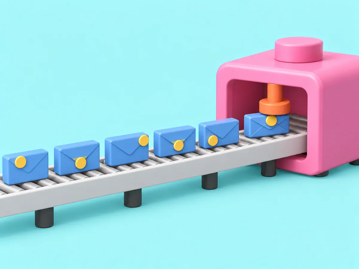 A conveyor of envelope tiles, each sealed differently, entering a machine with a single stamp arm.