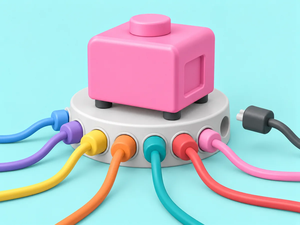 A machine on a round plinth with a ring of sockets, seven plugs seated and one plug approaching the empty socket.