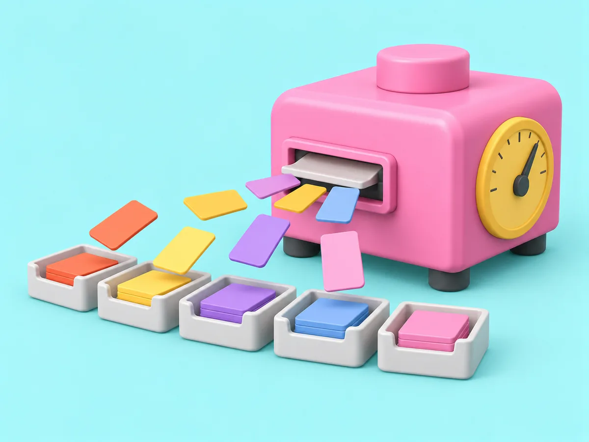 A machine fanning small coloured cards into five trays, a gauge dial on its side.