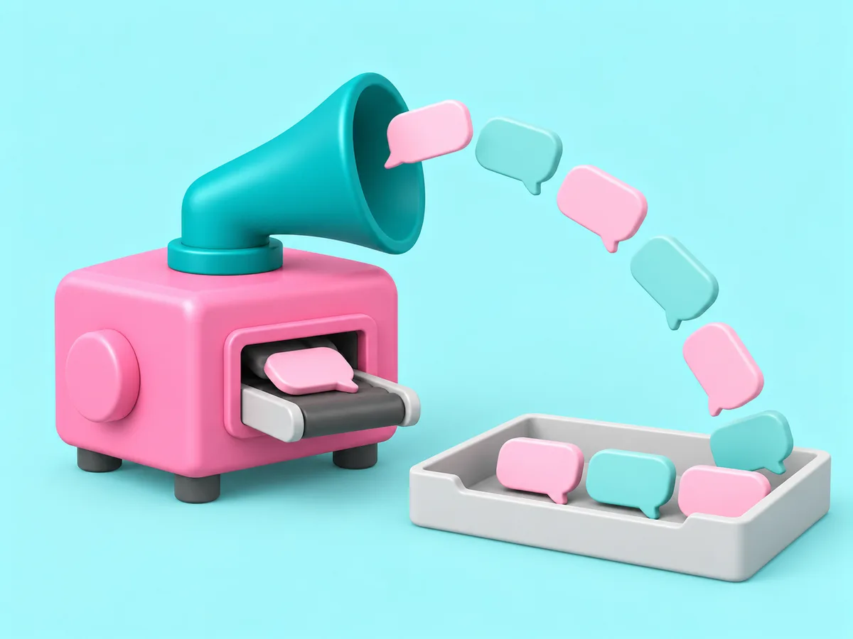 A machine with a large horn, message bubbles arcing out of it into a collecting tray.