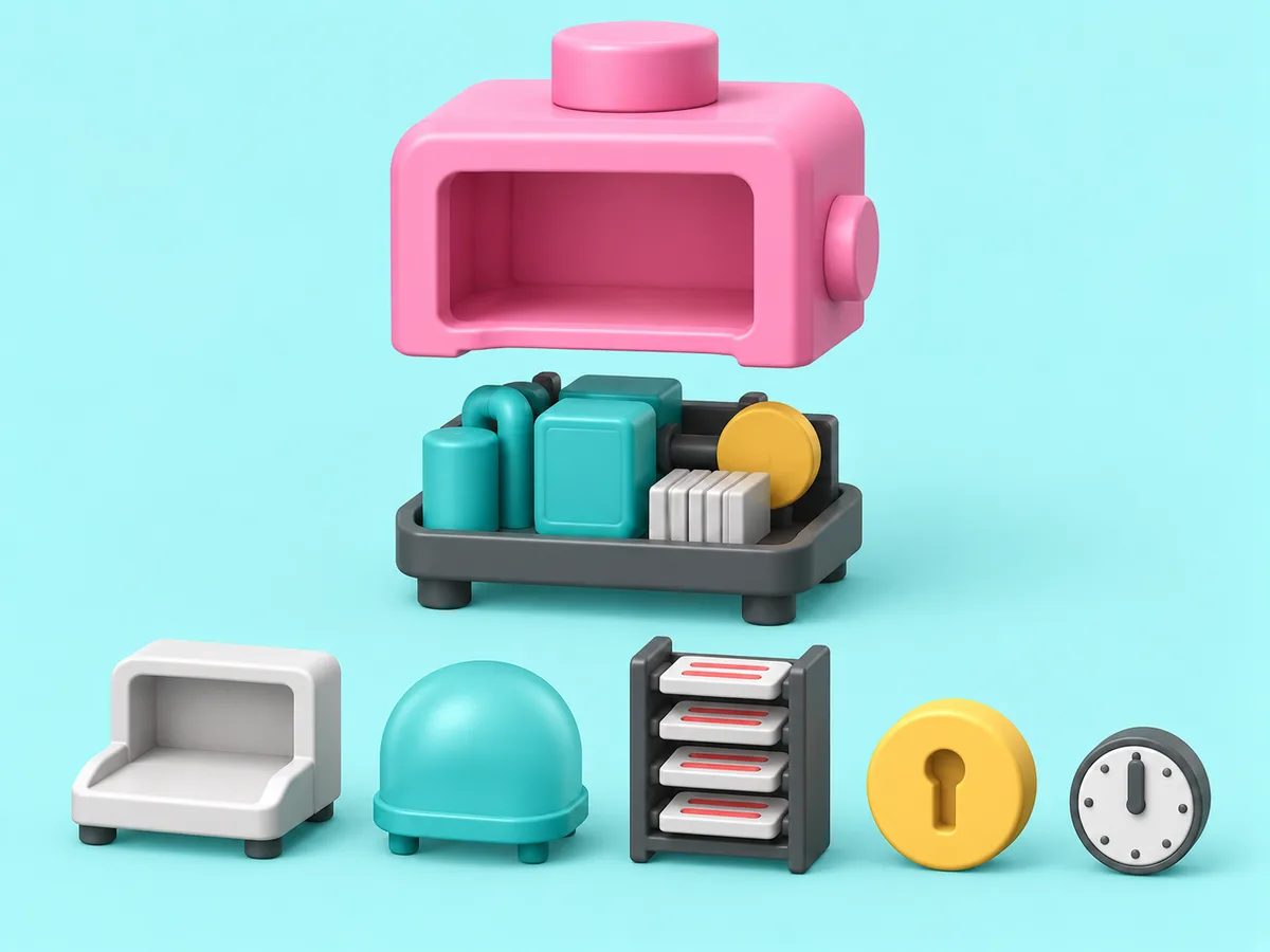 An exploded machine: its housing floating above its parts laid out in a grid, a counter, a dome, a shelf rack, a key, a clock.