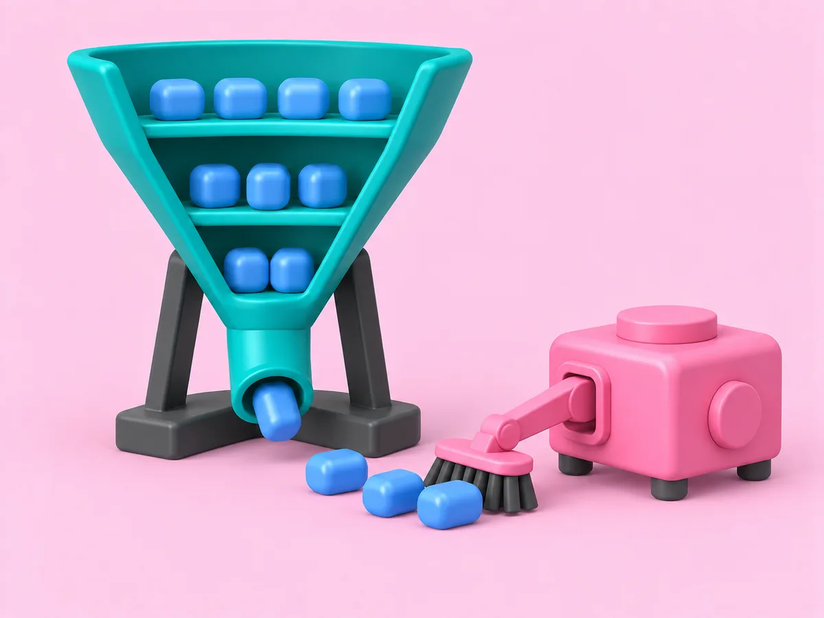 A funnel on a stand with capsules at three levels, a machine sweeping stray capsules toward its mouth.