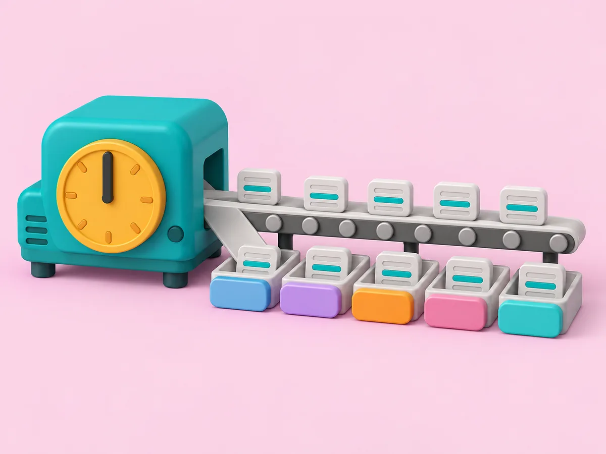 A machine with a large clock dial and a conveyor carrying identical tiles out to five trays, one per client.