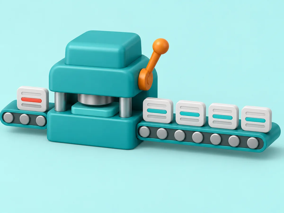 A press correcting the groove on a playbook tile, four finished tiles riding out with the same corrected groove.