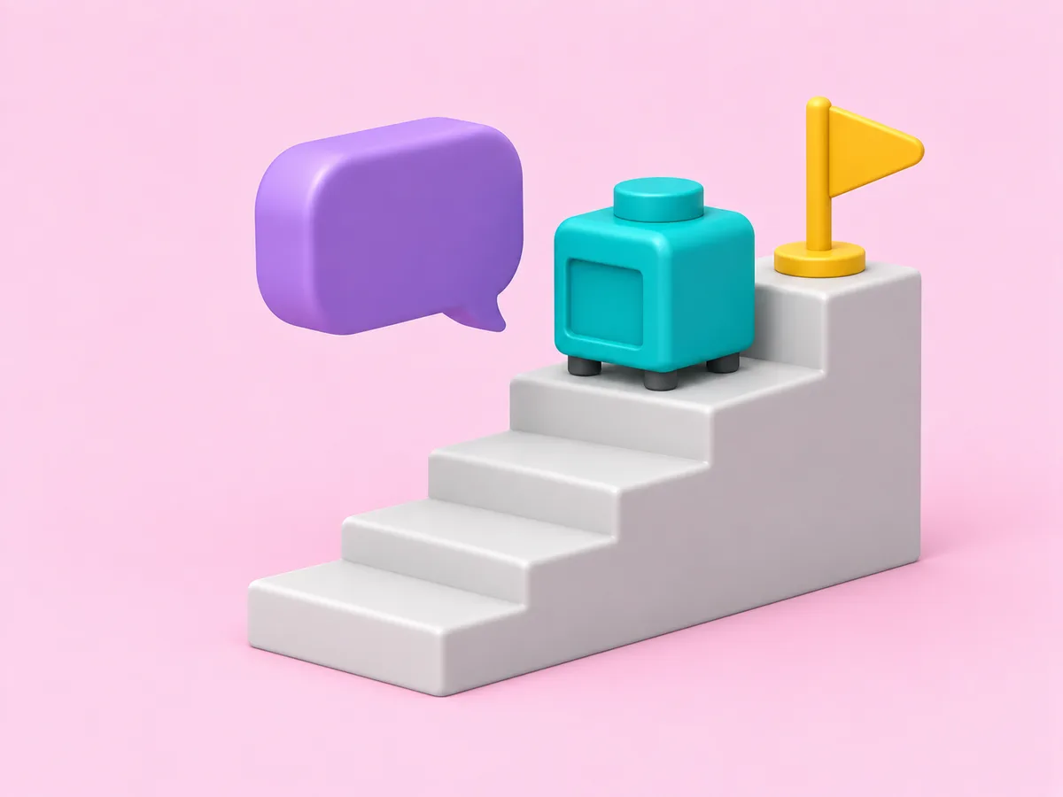 A machine on the fourth of five steps, a flag on the top step, a large speech bubble facing it.