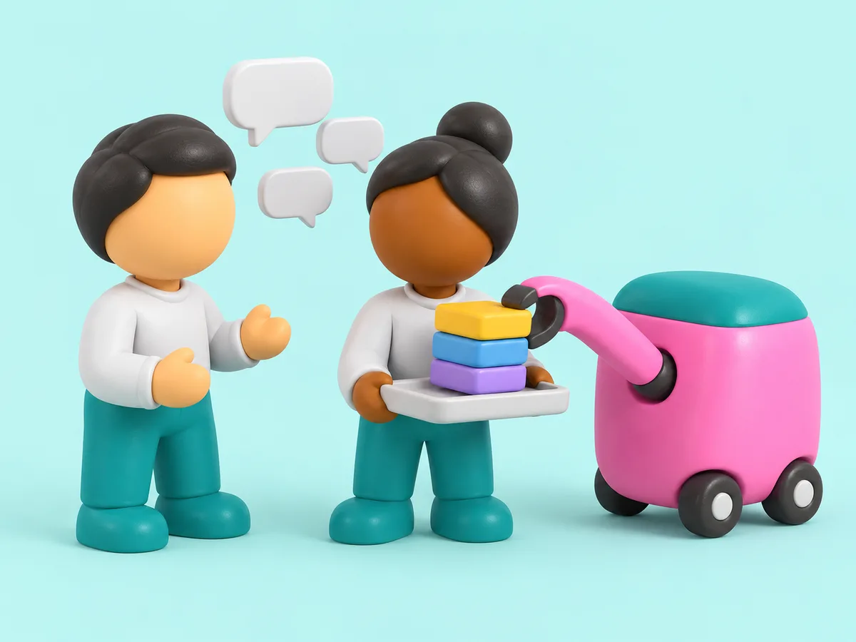 Two toy figures talking, speech-bubble tiles between them, and a small pink machine rolling in from the side to lift a stack of task tiles off the tray one of them holds.